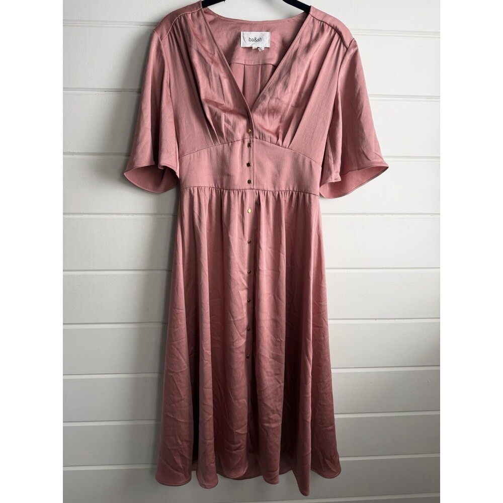 ba&sh Pamela Flowing A-Line Midi Dress V-Neck Button Front Smocked Small $385